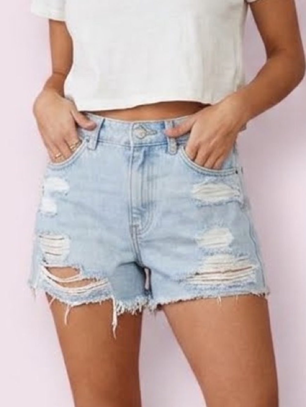 Topshop Moto Mom Jean Shorts High Waisted Ripped Holes Light Blue Denim Size 4